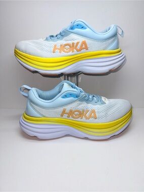 HOKA BONDI 8  Light Blue & White Sneakers with Yellow Accents